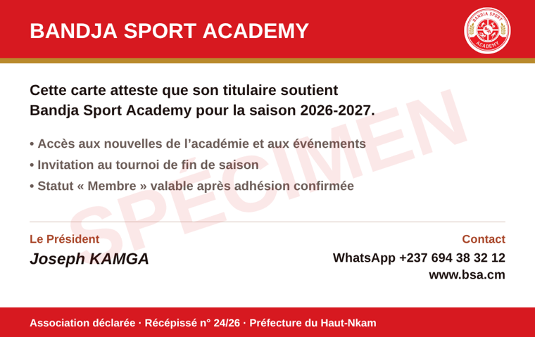 Spécimen de la carte de supporter BSA, verso : attestation de soutien pour la saison 2026-2027, avantages, signature du Président et contacts