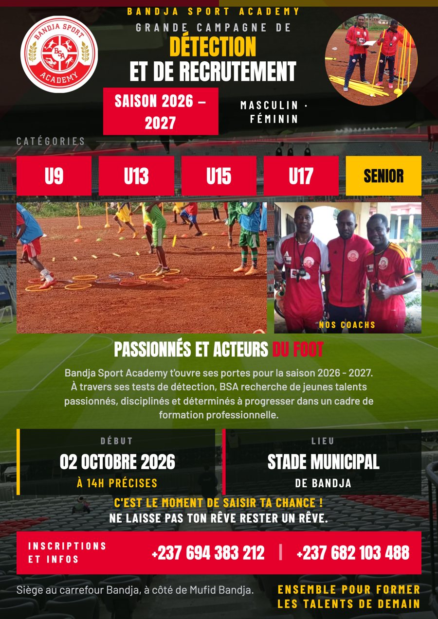 Affiche de la grande campagne de détection et de recrutement BSA, saison 2026-2027, catégories U9 à Senior, masculin et féminin, lancement le 2 octobre 2026 au stade municipal de Bandja